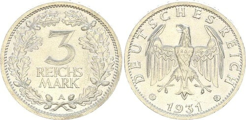 ワイマール 3マルク記念硬貨 1931年 A型 プルーフスタンプ付き 光沢あり (47963)