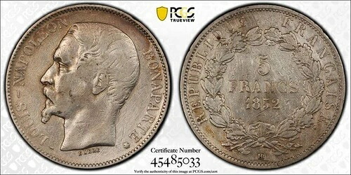 1852-BB フランス 5フラン、ルイ・ナポレオン・ボナパルト - PCGS VF 詳細、希少BB
