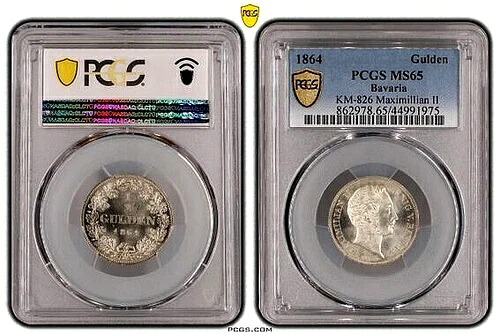 ドイツ諸州バイエルン 1/2 銀グルデン 1864年 マクシミリアン2世 PCGS MS65 コイン BU