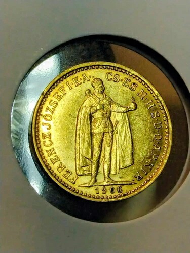 ハンガリー。1906-KB 90%純金 10コロナ。反射光沢。AU++ 3.3875 GR。