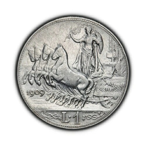 イタリア。 1909年、1リラ、銀、R - ヴィットリオ・エマヌエーレ3世、クアドリガ馬戦車5 145,200円