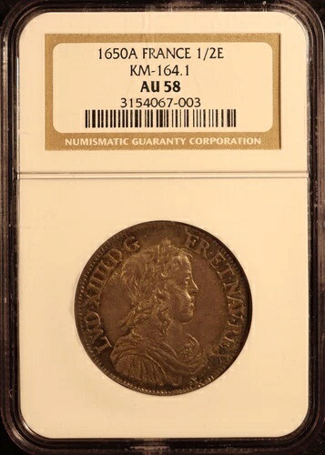 1650-A フランス ルイ14世「太陽王」 1/2 ECU - NGC AU58! 非常に希少なAU+