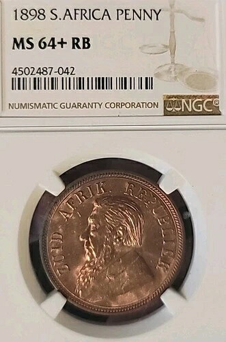 南アフリカ 1898年 ペニー 素晴らしい宝石 ほとんどが赤色 希少 ベターストライク NGC 64 LC