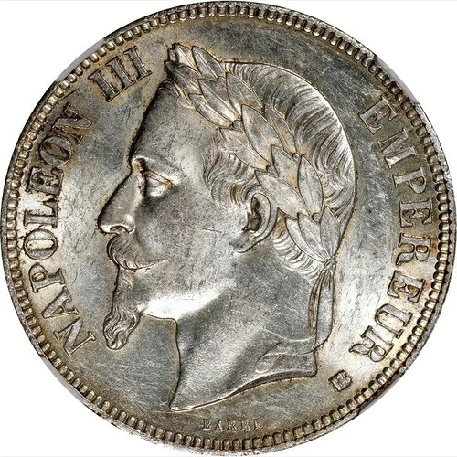1868年BBフランス5フラン。NGC AU 58。KM-799.2