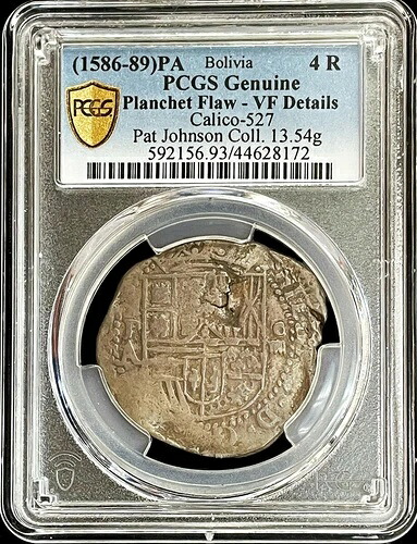 1586-1589 P A シルバー ボリビア 4レアル コブ フィリップ2世 コイン パット・ジョンソン PCGS VF*