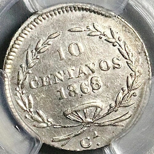 1868/8年頃 PCGS XF メキシコ 10センタボ 希少 チワワ造幣局銀貨 (25080303C)