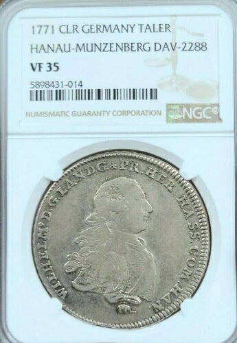 1771年 ドイツ 銀貨 1枚 TALER HANAU MUNZENBERG DAV 2288 NGC VF 35 非常に希少