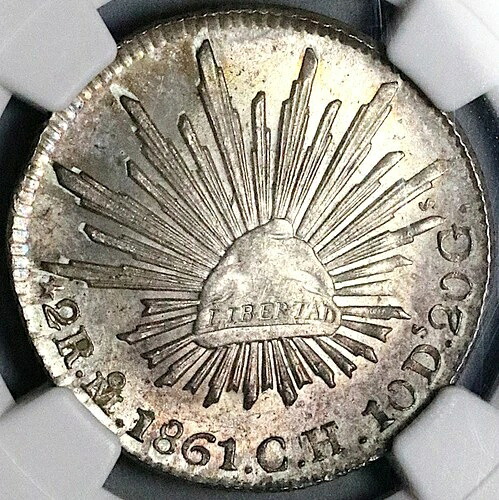 1861-Mo NGC MS 65 メキシコ 2レアル ジェムキャップレイズ シルバーコイン (25110201C)