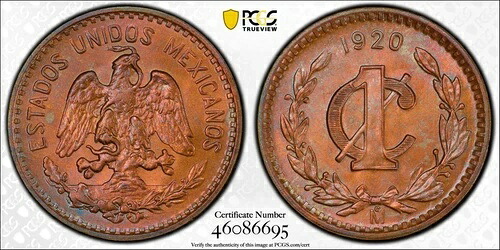メキシコ エスタドス ウニドス 1920 1 センタボ コイン PCGS 認定 未流通 MS65-RB