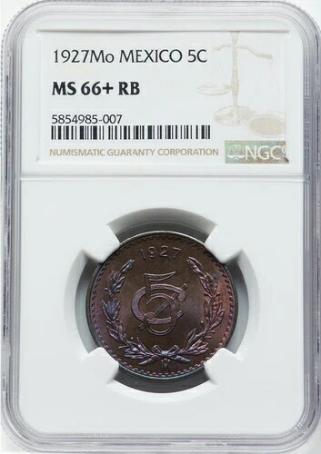 メキシコ エスタドス ウニドス 1927 5 センタボス コイン NGC 認定 未流通 MS66+RB
