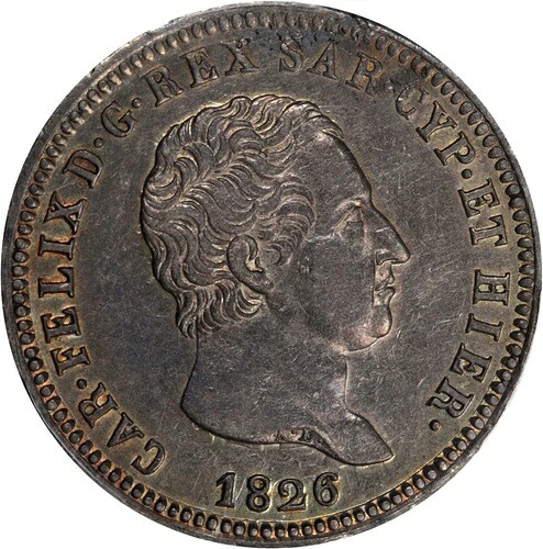 イタリア領サルデーニャ 1826-P 2リラ銀貨、PCGS認定「AU DETAIL」 147,950円