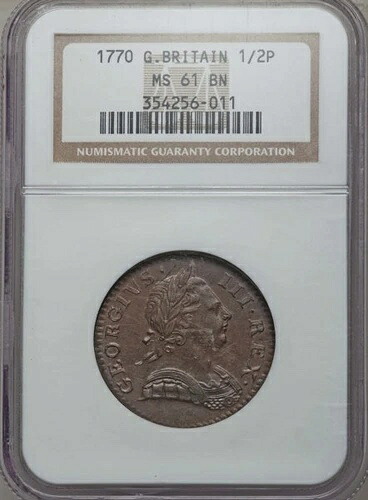 イングランド ジョージ3世 1770年 ハーフペニー銅貨 未流通 NGC MS61認定