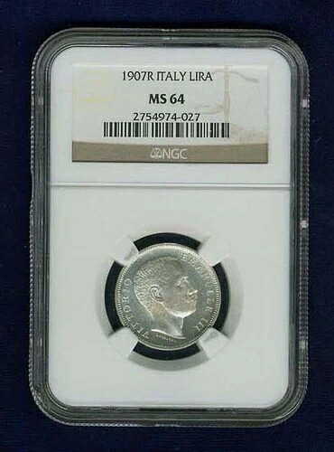 イタリア王国 1907-R 1リラ銀貨 チョイス 未流通 NGC MS64認定