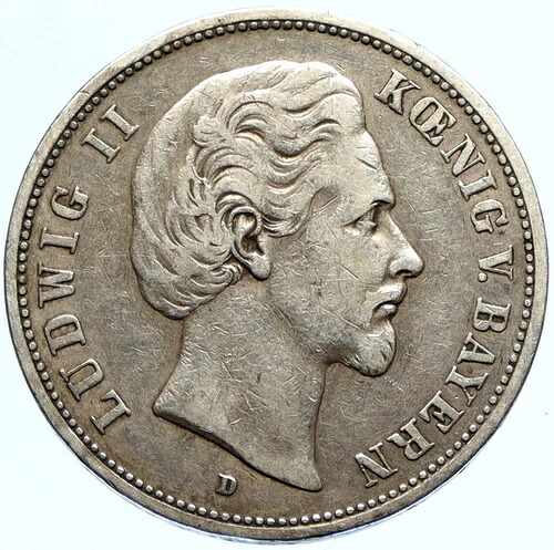 1875年 バイエルン王国 ドイツ国王 ルートヴィヒ2世 オールドシルバー 5マルク貨幣 i97363