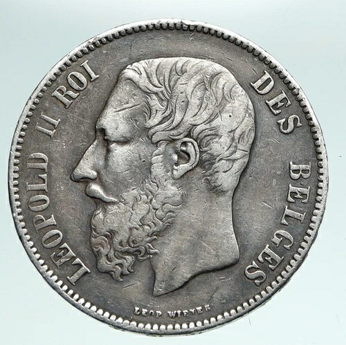 1870年ベルギー国王レオポルド2世とライオンの肖像付き純銀5フラン硬貨 i90972