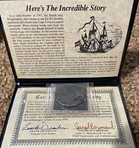 1739年メキシコ銀貨8レアル、ライゲルスダール難破船所蔵、鑑定書付き
