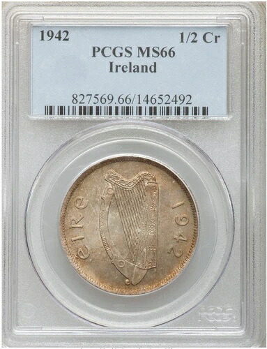 最高の逸品！1942年アイルランドハーフクラウン1/2Cr MS 66 PCGS、トーニング、緑青あり！オールドスラブ！