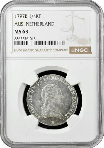 オーストリア・ネーデルラント1/4ターラー金貨1797年B、NGC MS63、「フランツ2世（1792-1835）」トップポップ