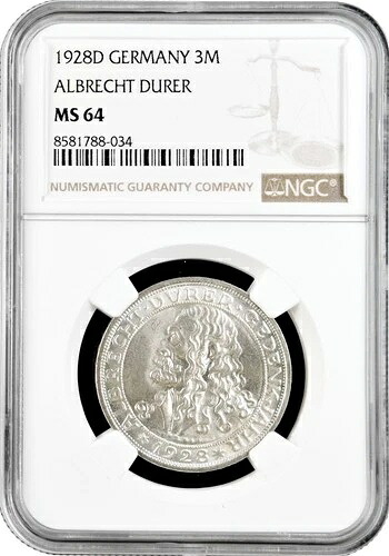 ワイマール共和国 3 ライヒスマルク 1928、NGC MS64、「アルブレヒト デューラーの死 400 周年」