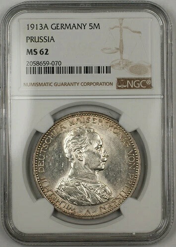 1913A ドイツ プロイセン 500万マルク銀貨 NGC MS-62