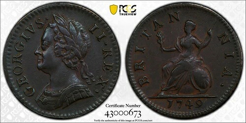 1749年 イギリス 1/4D ファーシング PCGS AU50 S-3722