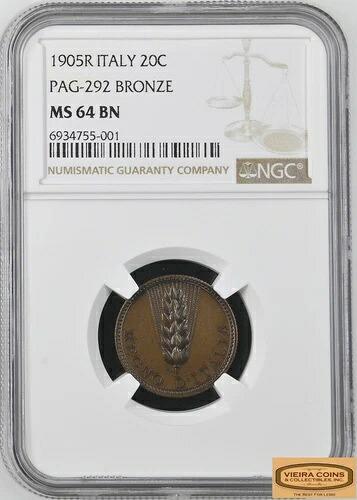 レア 1905-R イタリア 20 チェンテシミ PAG-292 ブロンズ、NGC MS64 BN - #B45066