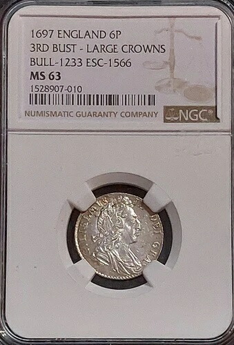? 1697年 イギリス 6ペンス 3rd 胸像 Bull-1233 ESC-1566? NGC Choice MS63 ? 6P ?