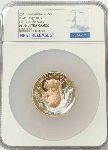 金メッキコアラ プルーフ 高浮き彫り 2021年 オーストラリア 5オンス 銀貨 NGC 70 UC FR