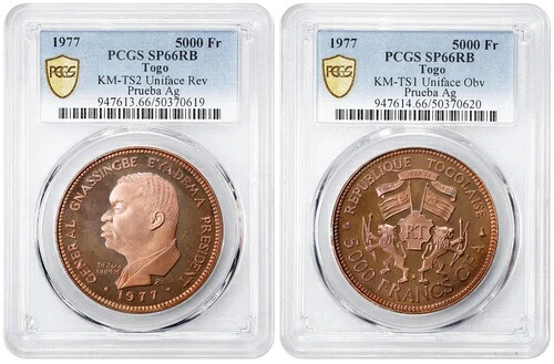 トーゴ、5000フラン、表面および裏面、試験済み、試験済み、1977年 - PCGS SP 66 RB、希少