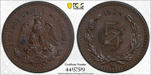 1924-Mo PCGS AU58 |メキシコ ウン センタボ 5c コイン #33404A