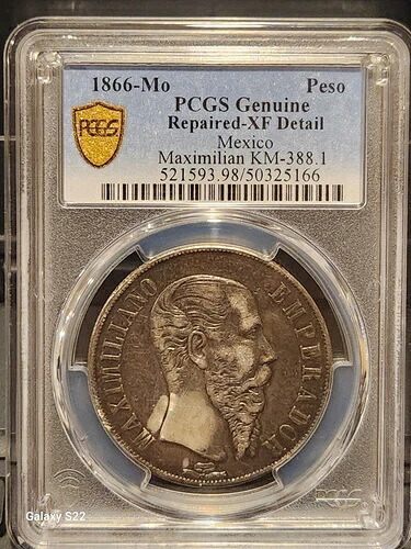 1866-Mo 1 ペソ メキシコ ミント PCGS 本物-XF ディテール エンペラドール マキシミリアーノ KM-388.1