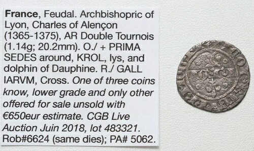 1365-1375 フランス封建時代のリヨン シャルル ド アランソン シルバー ダブル トゥルノワ コイン
