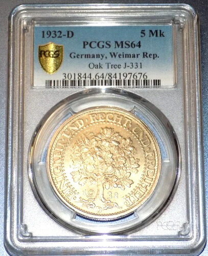 NGC MS 64 1932D 5マルク ドイツオークツリー ワイマール共和国 ライヒスマルク KM-56 UNCコイン