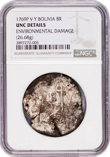 1769 P V Y ボリビア チャールズ3世 8レアル シルバーコブ NGC UNC 詳細コイン 149,050円