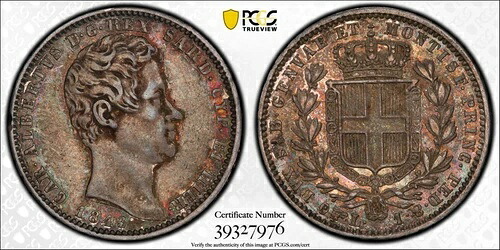 1リラ 1843-P イタリア サルデーニャ 銀貨 - PCGS AU-53 希少発行|WORLD RESOURCE【QUEEN店】