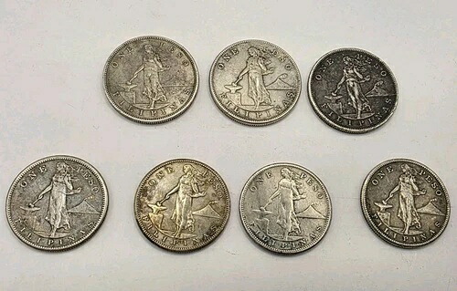 フィリピン米領 1 ペソ。1903、1904、1905、1907、1908、1909、1910 年の 7 枚セット。