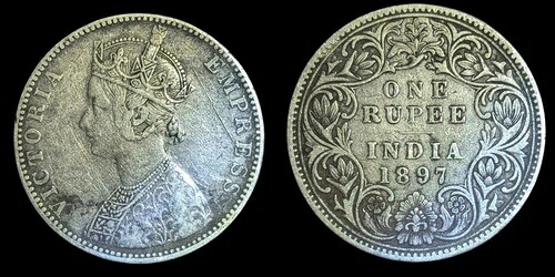 インド 1897年 銀ルピー カルカッタ造幣局、希少キー日付