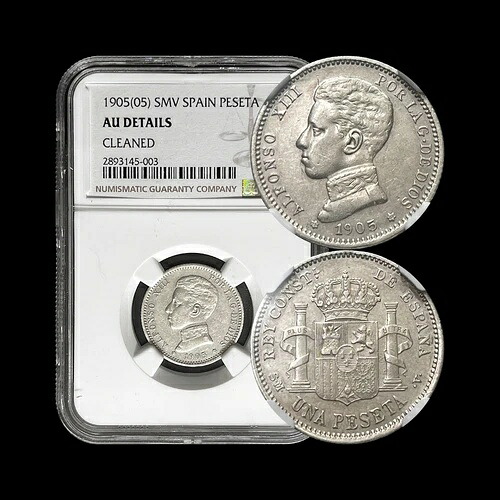 スペイン、1905年、ペセタ、銀貨 - NGC AU - アルフォンソ13世、05スターデート、キーデート