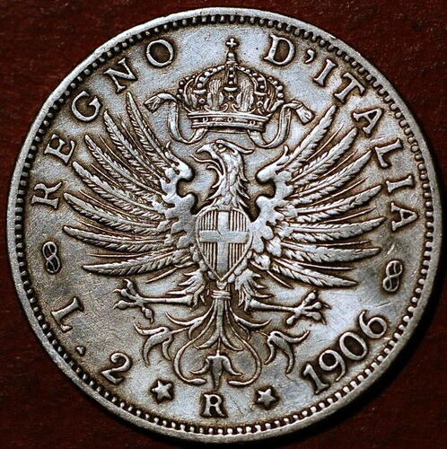 イタリア 2リラ 1906年 ヴィットーリオ・エマヌエーレ3世 銀貨 純度: 0.8350 KM# 33