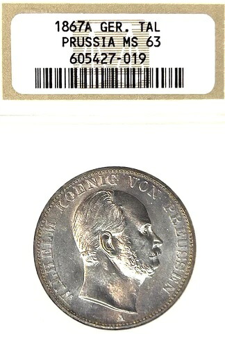 ドイツ諸州 プロイセン 1867年 Aターラー貨幣 ターラー NGC MS 63 F.STG/STG UNC ドイツ語