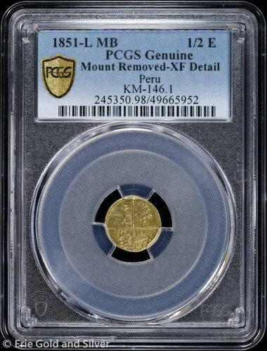 1851-L MB ペルー ゴールド 1/2 エスクード PCGS 正規 XF 詳細 | KM-146.1