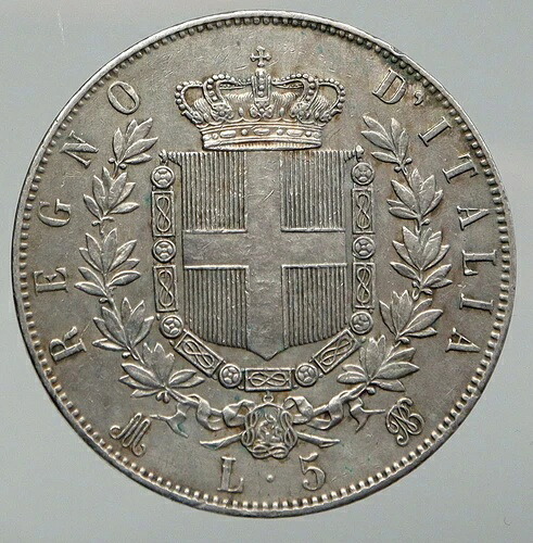 1871年 MbBN イタリア国王ヴィットーリオ・エマヌエーレ2世 大型銀貨 5リラ イタリア貨幣 i92691