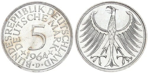 5 DM 銀貨 1964 D ハイアーマン ほぼ未使用 93066