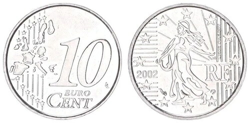 フランス 10セント 2002年 銅ニッケル 非磁性 Prfr. 97703 の鋳造エラー