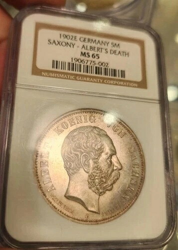 M185 ドイツ ザクセン 1902-E 銀貨 5マークス アルバートの死 NGC MS-65