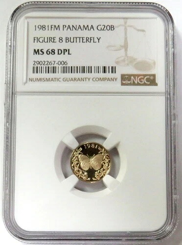 1981年 (U) ゴールド パナマ 205 鋳造 20 バルボア バタフライ NGC MS 68 ディープ PL