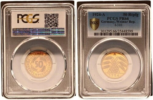 ヴァイマル・レップ 50 レンテンプフェニヒ 1924 A J.310 PCGS PR66 ポリッシュプレート 130027
