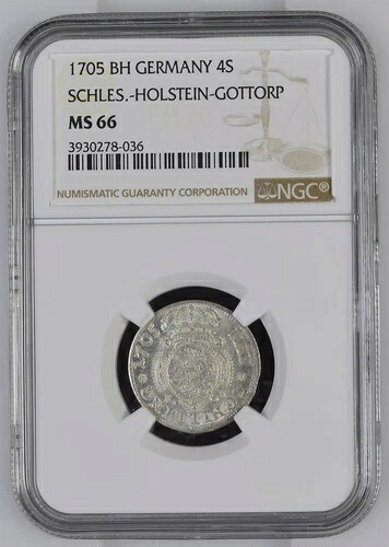 シュレースヴィッヒ ホルシュタイン ゴットルプ 4 シリング 1705 NGC MS 66 プラハト トップ ポップ nswleipzig