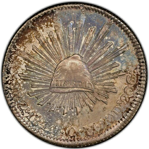 メキシコ：銀貨8レアル 1844-Zs OM Zacatecas Mint。PCGS AU-58! ゴールドシールド。希少