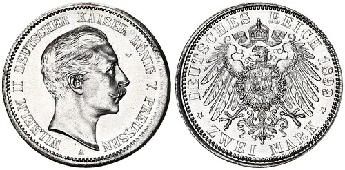 プロイセン 2 マーク 1899 造幣局エラー ヴィルヘルム 2 世: 波状縁なし、わずかに凹みあり。